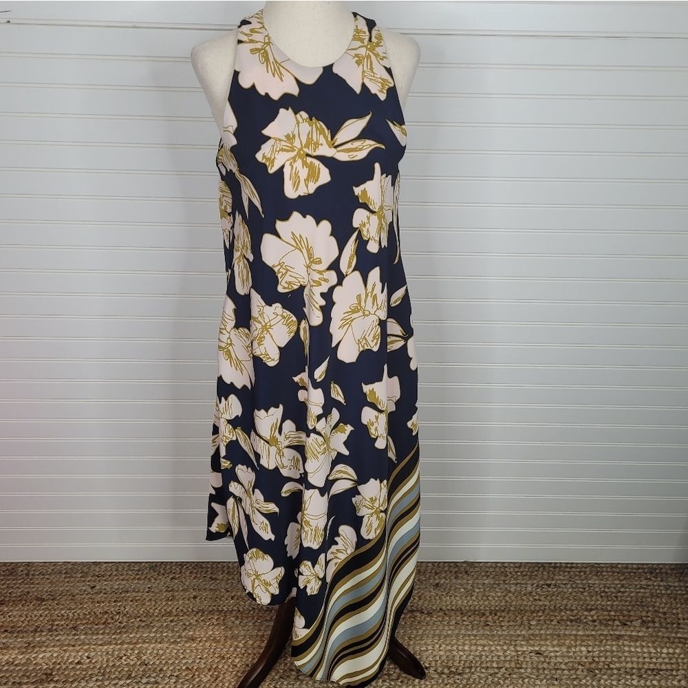 RACHEL Roy Navy Blue Floral Striped Asymmetrical Sleeveless Dress Medium